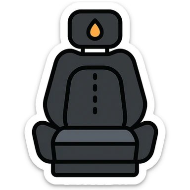 luxury car seat in matte black with a small droplet or shield on the headrest, elegant stitching, minimalist lines, modern and clean style icon sticker