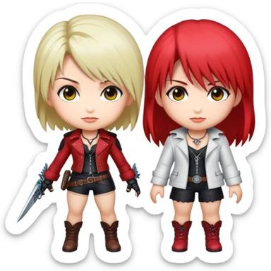 Cute chibi Lady and Trish from Devil May Cry, big heads, small bodies, childlike proportions sticker