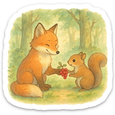a fox and squirrel sharing berries in a forest friendship scene, soft pastel colors, ghibli style sticker