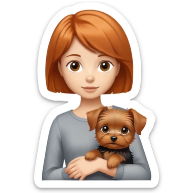 A girl with shoulder-length orange-brown hair holding a short-haired Yorkshire terrier. sticker