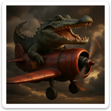 Make this crocodile bomber plane realistic with detailed textures, lifelike crocodile features, metallic bomber plane elements, dramatic lighting, and photorealistic style. sticker
