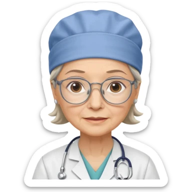 older woman doctor with scrub cap no smile sticker