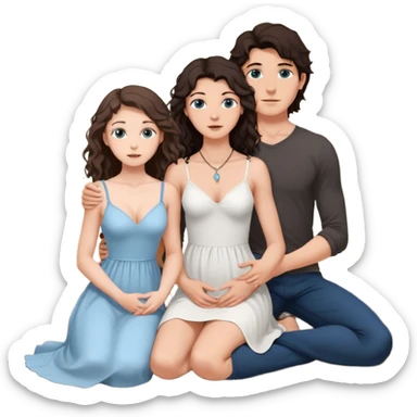 white girl, dark brown long slightly curly hair , skinni but with big breast , septum piercing on nose, beautiful dark gray-blue eyes, in white dress , boy dark brown eyes , light white skin , tall , skinny , light brown mid haircut ,  on his knee asking her to be hos wife sticker