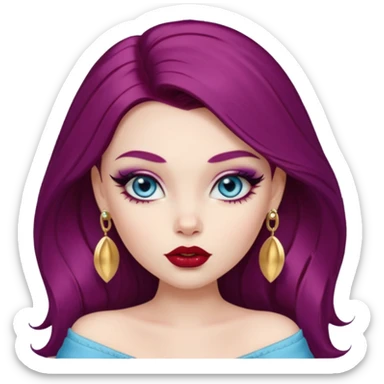 pale skin, girly bratz baddie, stunning baby blue eyes, professional makeup, long thick burgundy purple hair, plump red lips with a gold lip earring, who is an artist and content creator  sticker