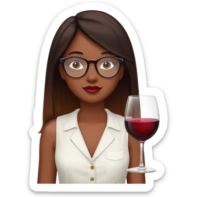 a woman with dark skin.
She has long, straight brown hair. with wine ombré hair 
He wears black-framed glasses. vintage oval.
She wears a white sleeveless blouse. sticker