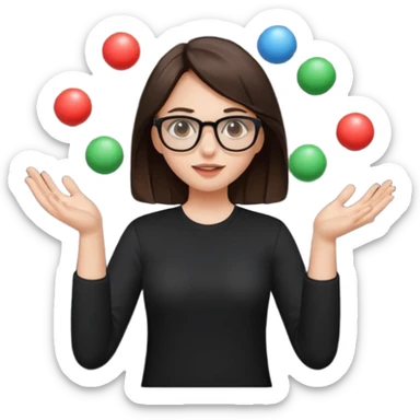 a brunette girl in a black shirt wearing glasses is  juggling  with two hands  sticker