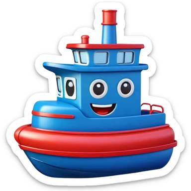 A colorful toy tugboat with a cute cheerful face and a red and blue body sticker