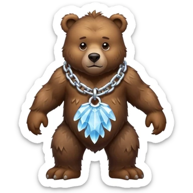 Fierce brown bear walking on four paws with an ice chain necklace, frozen chain links made of crystal clear ice, serious face sticker