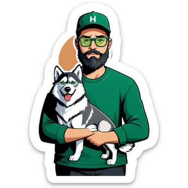A bold man with a grey baseball cap, green eyes, big beard and glasses holding a husky dog sticker