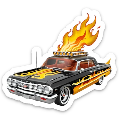 Hot rod custom 1964 impala low rider four door Anubis theme painted hood flaming side-pipes sticker