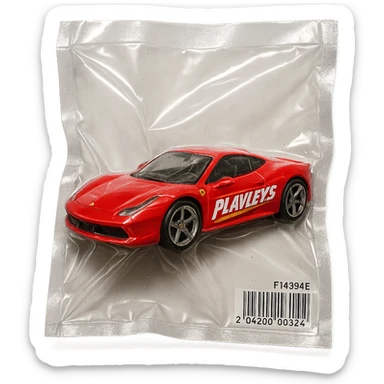 red Ferrari in Hot Wheels packaging, 'PLAVLEYS' written on the side in dynamic racing font, glossy, vacuum-sealed style sticker