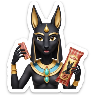  Friendly Short-eared Black fur beautiful female alien anubis statue posed biting on store-brand bacon packaging  sticker