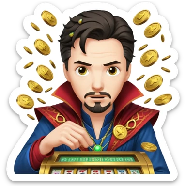 disheveled Doctor Strange losing money at a slot machine, panicked face, coins flying sticker