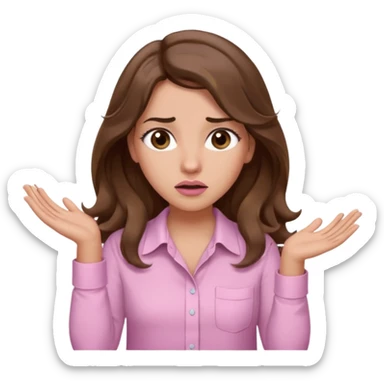 girl with wavy long brown hair, brown eyes, light to medium complexion, long lashes, light pink lipstick, wearing light pink shirt, shrugging with both hands, confused sticker