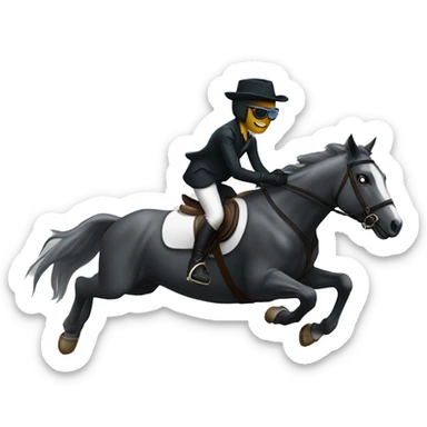 Horse jumping an obstacle with rider who’s in ghost costume with sunglasses sticker