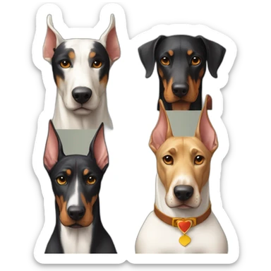 1 white doberman with a bow tie an other doberman with black fur and the last doberman with camel fur sticker
