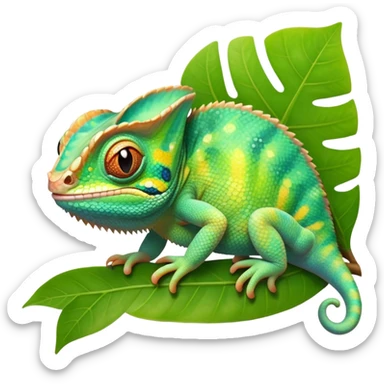 cinematic cute-smiling baby chameleon-realistic emoji,-blending-with-vibrant-greenery.-detailed-scales-in-shifting-colors,-showing-the-chameleon’s-ability-to-camouflage.-soft-natural-light-highlights-its-texture.-nature-background, zoomed into its face sticker