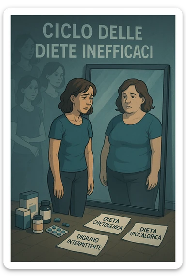 Donna tra i 30 e i 40 anni, in piedi davanti a uno specchio, con espressione delusa e stanca. Accanto a lei, sul pavimento, scatole di integratori, foglietti con scritte tipo 'Dieta chetogenica', 'Digiuno intermittente', 'Dieta ipocalorica'. Riflesso nello specchio mostra una versione di sé con peso aumentato, come se fosse tornata indietro nel tempo. Attorno a lei, immagini sbiadite o sovrapposte di sé in passato, quando era dimagrita. Atmosfera emotiva, simbolica, con luce fredda e sfumature di frustrazione. Messaggio visivo forte: 'ciclo delle diete inefficaci' in italiano sticker