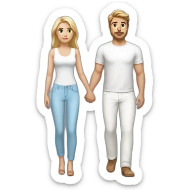 full body beautiful blonde woman wearing light-blue pants holding hands with full body man with medium brown hair wearing white pants sticker