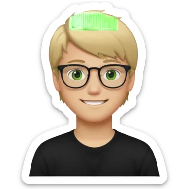 Generate me a profile picture like with a teenage boy who has dirty blond hair, green eyes, glasses and a black t-shirt sticker