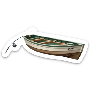 Icon for Fishing: a boat on the shore of a serene lake, including trees and water, with a scenic natural background, a fishing rod and tackle box. The icon should represent the peacefulness of fishing. Transparent background, no border. sticker