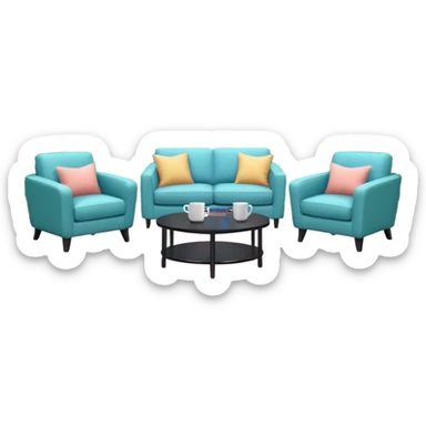 Morning entertainment TV studio, cozy talk show set with armchairs and couch with people, LED screen behind, warm pastel colors, green and blue lighting panels, festive decorations, friendly daytime TV atmosphere, realistic broadcast studio, no branding. sticker