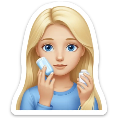 Skincare night blonde girl with long hair and blue eyes putting lotion on her face sticker