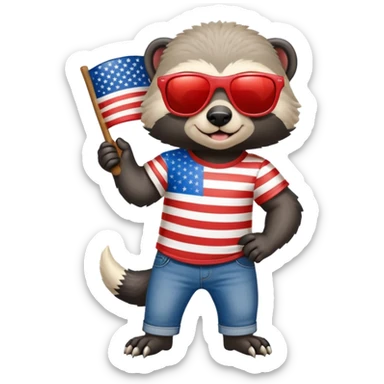 friendly anthropomorphised honey badger in jeans and a t-shirt, wearing sunglasses, dressed for USA Independence Day with red, white, and blue clothing sticker