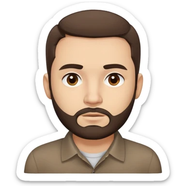 Close-up of René Monclova with light skin tone, round face, broad cheekbones. Lively dark brown eyes, thick straight eyebrows. Short messy brown hair with slight receding hairline. Untidy brown beard covering jaw. Wearing a dark collared shirt. sticker