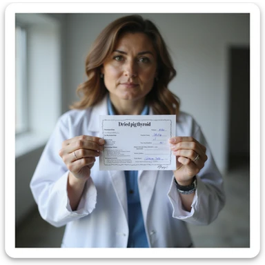 woman showing the medical prescription she just received, 'Dried pig thyroid' clearly visible, clinical environment, natural light, hyperrealistic 4K sticker