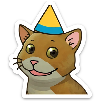 ginger tabby kitten at a birthday party, smiling, with cake, balloons, and wrapped gifts sticker