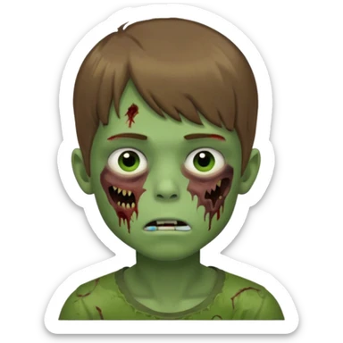quero um emoji de um menino com pele de zumbi cabelo castanho claro e de franja olhos menores boca fechada pele verde  sticker