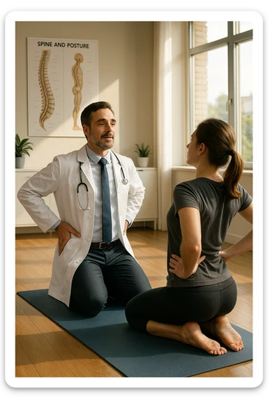 A realistic, cinematic illustration of a professional doctor in a white coat inside a bright, modern medical office, demonstrating a simple stretching exercise to a patient for improving posture. The doctor, calm and encouraging, shows a gentle spinal extension stretch while explaining its benefits for posture and spinal health, with an anatomical poster of the spine and posture alignment in the background. The scene includes a yoga mat, clean wooden floors, and natural light streaming through large windows, creating a warm, health-focused atmosphere. The patient, in comfortable activewear, watches and mirrors the stretch, emphasizing the preventive and therapeutic role of stretching for posture correction under medical guidanc sticker