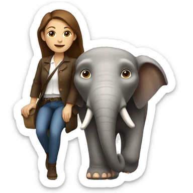 French woman with straight brown hair, with a monkey on her shoulder, riding an elephant sticker