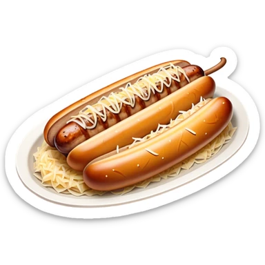 Bratwurst Cinematic Realistic Bratwurst Dish Emoji, depicted as a grilled bratwurst topped with a generous serving of shredded sauerkraut, rendered with rich textures and dynamic, appetizing lighting. sticker
