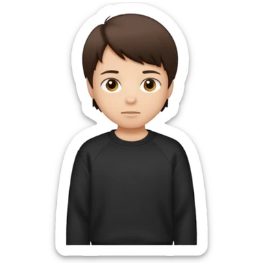 A brunette boy, short straight hair, light brown eyes, with a black sweatshirt sticker