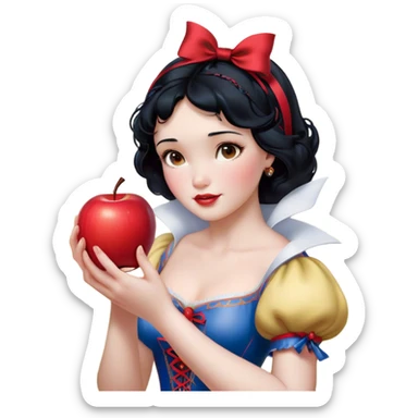 Cinematic Realistic Snow White Portrait, depicted with lifelike skin texture, soft natural lighting, and intricately detailed black hair styled with a red ribbon. Her soft brown eyes radiate innocence and kindness, complemented by a warm, gentle smile. She holds an apple in one hand, her other hand resting against her cheek, embodying her purity and charm. She is dressed in her classic yellow, blue, and red gown, the fabric rich in texture with delicate folds that catch the light beautifully. The portrait features a soft, natural glow with a radiant finish, capturing the essence of timeless beauty in a realistic and painterly style. sticker