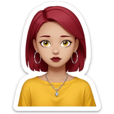 generate a pretty bratz girl with dark brown eyes. Dark red hair straight long. wearing a yellow oversized tee falling off her shoulder, dainty silver necklace, silver hoops, septum piercings. big eyeliner sticker