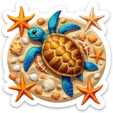 turtle, starfish, and shells together on sandy beach, top-down view, apple emoji style, alternate version sticker