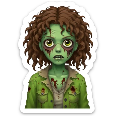 Faça uma garota zombie de cabelo cacheado castanho, olhos castanhos escuro e pele verde d zombie, com o cabelo abaixo do ombro sticker