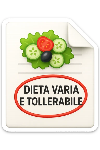 emoji stile iphone di un foglio con un insalata disegnata sopra e la scritta "DIETA VARIA E TOLLERABILE" CERCHIATA IN ROSSO, iperrealistico 4k, isolato su sfondo bianco sticker