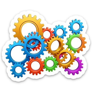 Set of colorful interlocked gears turning together in a system sticker
