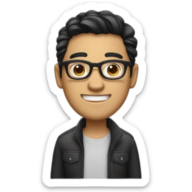 A guy with medium black hair,round eyewear smiling with style of apple amoji  sticker