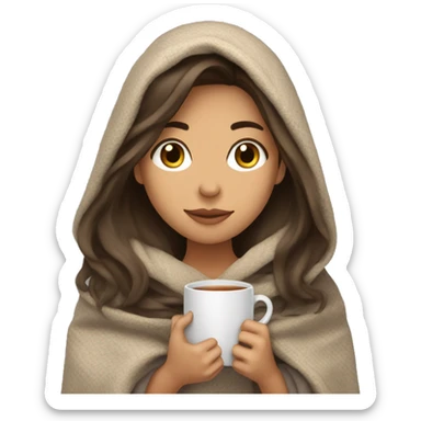brunnette girl with long hair snuggled up in a blanket and holding a hot tea in her hands  sticker