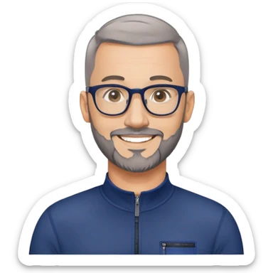 40-year-old light-skinned man with almost buzzcut haircut, short gray beard, large black-framed glasses, smiling face, wearing a navy blue zip-neck long sleeve athletic shirt sticker