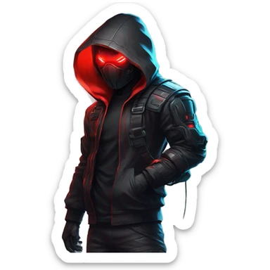developer behind his laptop with this style : crysis Cyberpunk Riot Games Valorant neon glowing bright red character red dark black hooded assassin themed character sticker
