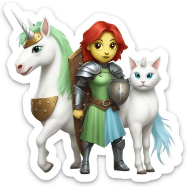 medieval shield: ([politically incorrect, (
	{ female, alien, witch, color: light green, hair:red, eyes:cat} ]
	on a 
	[{ unicorn: white, legged:four, mane: light blue }])) sticker