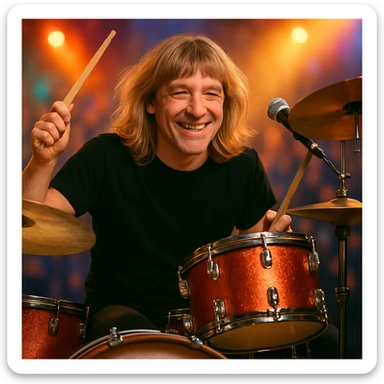 Make the male drummer look older with mature facial features and subtle signs of age, while keeping the long blonde hair on top with bangs and lively atmosphere. sticker
