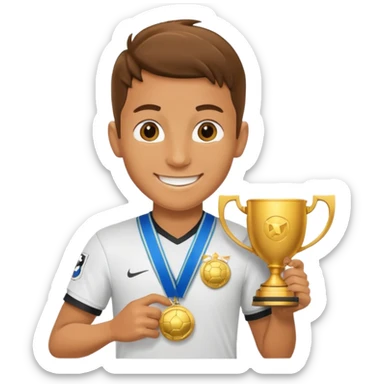 happy soccer player with a first-place medal and a trophy sticker