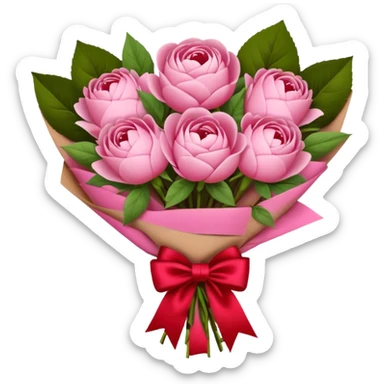 Bouquet of pink flower like rose and peony wrapped in kraft paper with red bow sticker